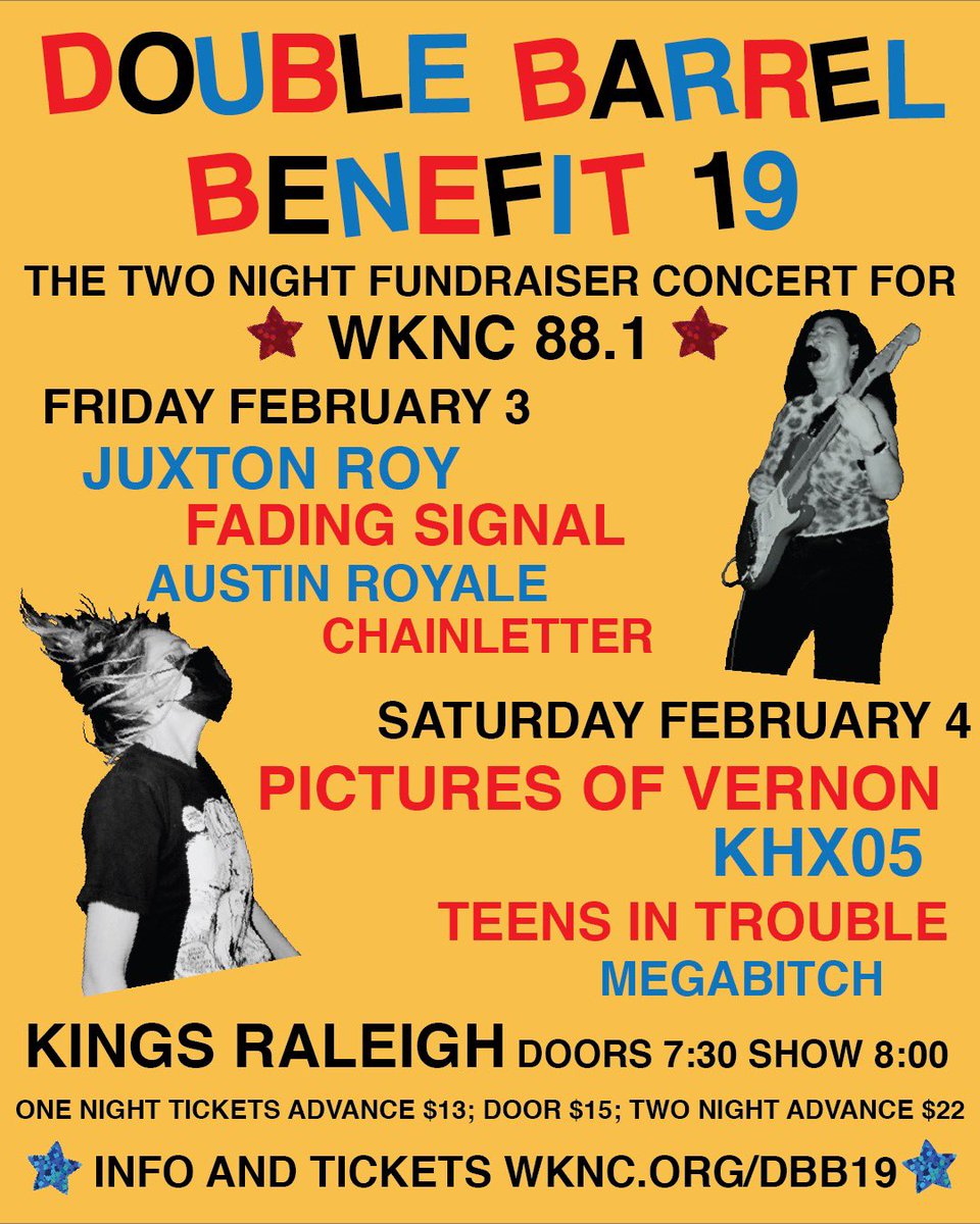 ❤️💛DOUBLE BARREL BENEFIT 🖤💙

⭐️FEB 3 &amp; FEB 4⭐️

WKNC.ORG/DBB19