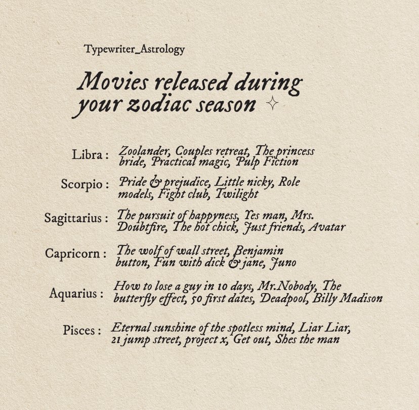 Typewriterastro's tweet photo. Movies released during your zodiac season 🎥 https://t.co/7U9XcAUlK2