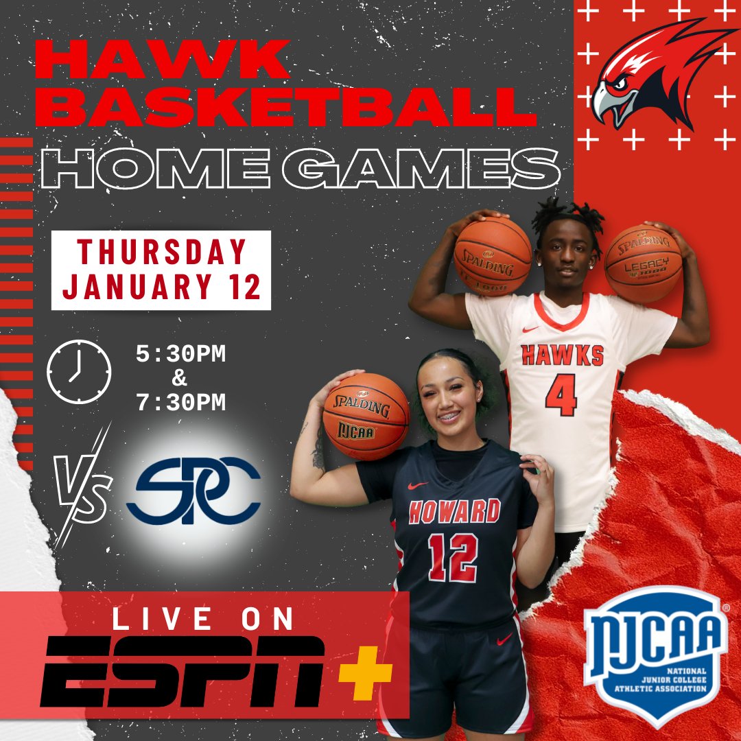 hchawks's tweet photo. 🏀🔴⚫BLACKOUT THE DOROTHY⚫🔴🏀
Join Howard College Athletics for HOME GAMES - THIS THURSDAY, January 12th! 
🆚 South Plains College
⏰Tip-Off for the Women's Game is @ 5:30PM; Men's Game @ 7:30PM.  
🔴Watch the game LIVE on ESPN+🔴

@HowardHoops @hchawkwbb 
#HCHawkAthletics https://t.co/QSdhzGAxMs