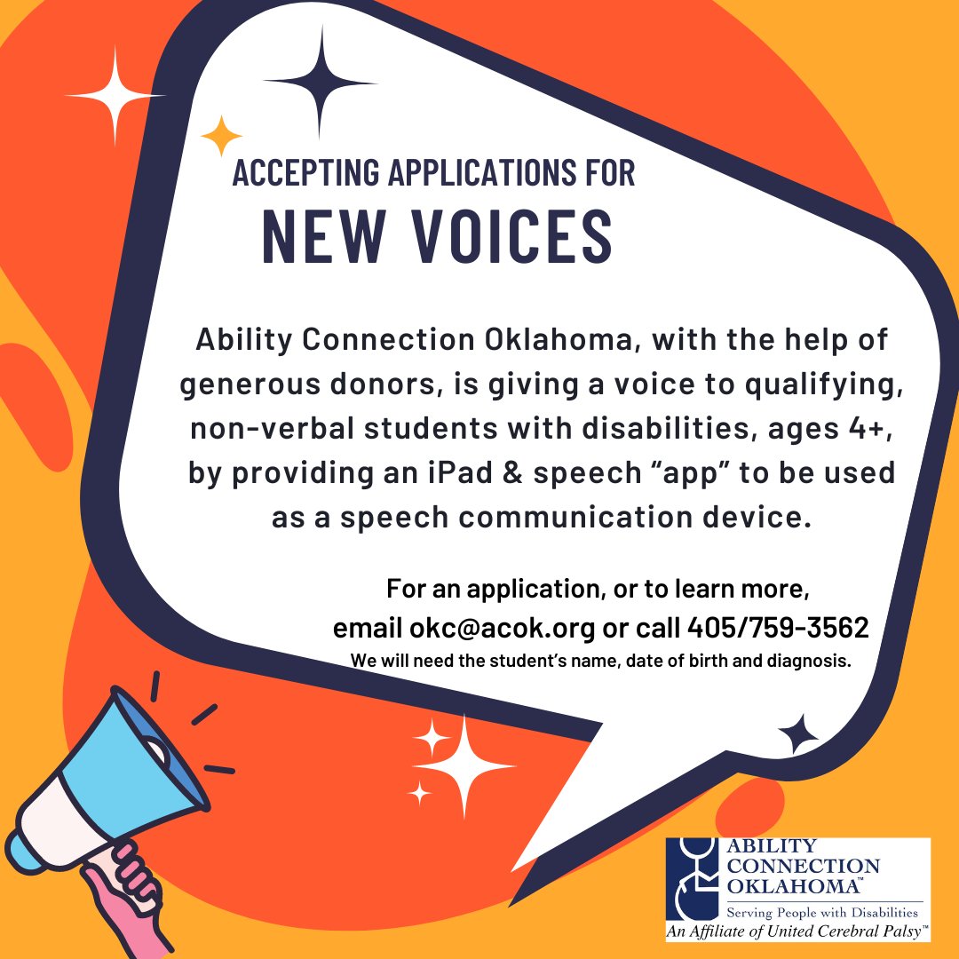 AbilityOK's tweet photo. Now accepting applications for New Voices!  Ability Connection Oklahoma is empowering non-verbal students with disabilities, ages 4+.
Approved applicants will receive an iPad &amp; speech “app” to be used as a speech communication device. Email okc@acok.org or call 405/759-3562 https://t.co/4jeE0bhxSw
