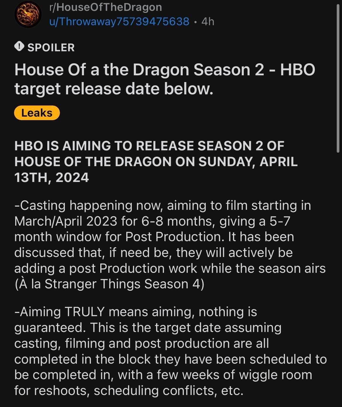 House of the Dragon season 2 confirms filming start date