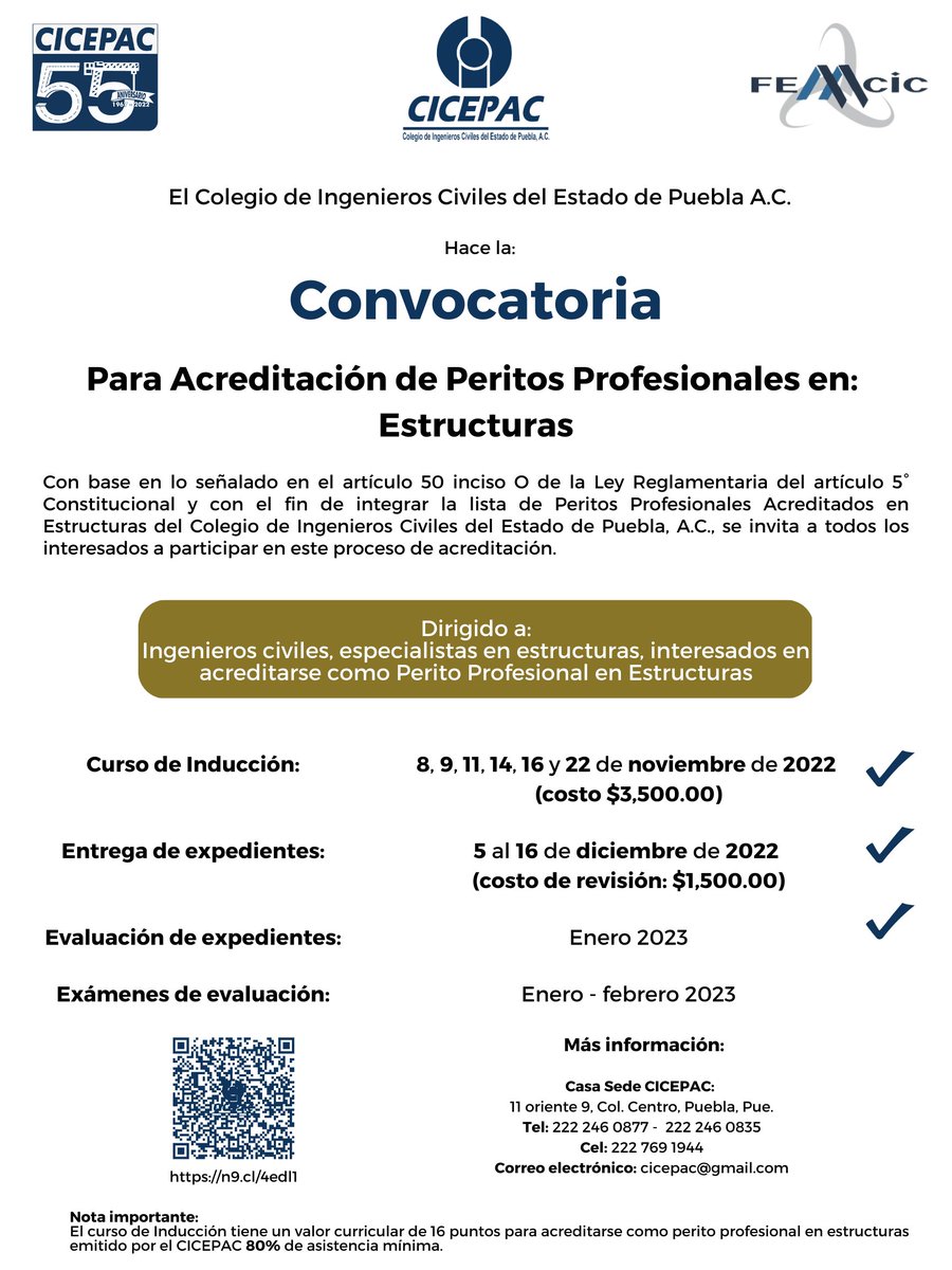 El Colegio de Ingenieros Civiles del Estado de Puebla A.C.
Hace el atento recordatorio para los ingenieros interesados en obtener la Acreditación de Peritos Profesionales en Estructuras

Evaluación de expedientes
📅 Enero 2023

#cicepac #femcic #femcicsomostodos #ampi #cmic