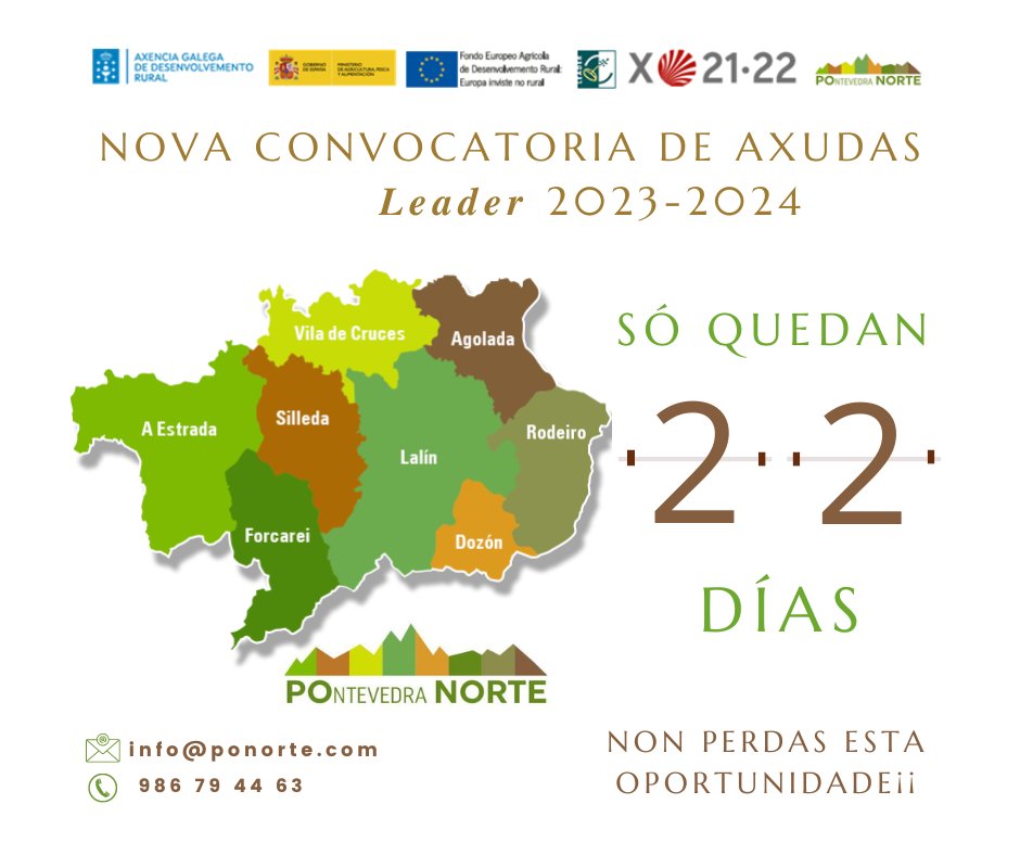 🕒 Só quedan 22 días para que termine o prazo desta nova convocatoria de 𝗔𝘅𝘂𝗱𝗮𝘀 𝗟𝗲𝗮𝗱𝗲𝗿 𝟮𝟬𝟮𝟯-𝟮𝟬𝟮𝟰.
👉Se queres levar a cabo algún proxecto dentro dos 8 concellos do noso GDR só tes que poñerte en contacto connosco:
📧 info@ponorte.com
☎️ 986 79 44 63