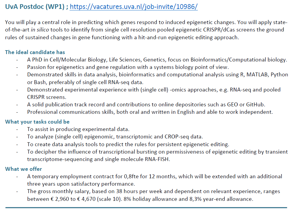 INC_COST's tweet photo. Openings for a PhD student, postdoc and technician in the Epi-Guide-Edit consortium! https://t.co/2nHhiSc0VC
https://t.co/CypeTN6qHy
https://t.co/34LvfZn8sY
https://t.co/Z2Lcc01mTh
Contact:
Prof Pernette J. Verschure (p.j.verschure@uva.nl); Prof 
Marianne Rots (m.g.rots@umcg.nl) https://t.co/WGi77uIRjh