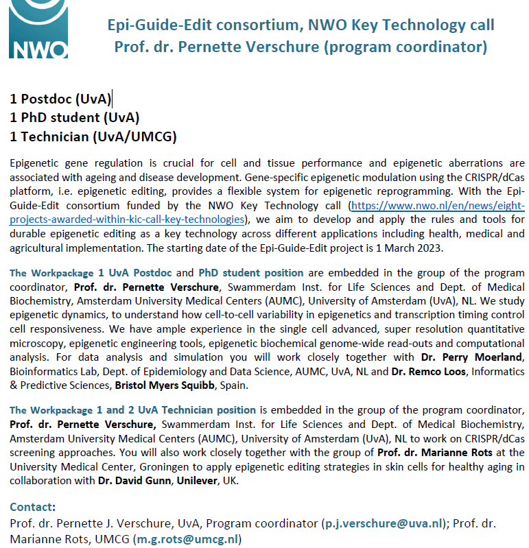 INC_COST's tweet photo. Openings for a PhD student, postdoc and technician in the Epi-Guide-Edit consortium! https://t.co/2nHhiSc0VC
https://t.co/CypeTN6qHy
https://t.co/34LvfZn8sY
https://t.co/Z2Lcc01mTh
Contact:
Prof Pernette J. Verschure (p.j.verschure@uva.nl); Prof 
Marianne Rots (m.g.rots@umcg.nl) https://t.co/WGi77uIRjh
