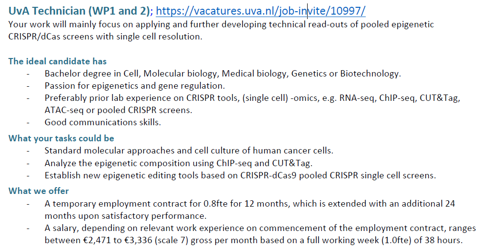 INC_COST's tweet photo. Openings for a PhD student, postdoc and technician in the Epi-Guide-Edit consortium! https://t.co/2nHhiSc0VC
https://t.co/CypeTN6qHy
https://t.co/34LvfZn8sY
https://t.co/Z2Lcc01mTh
Contact:
Prof Pernette J. Verschure (p.j.verschure@uva.nl); Prof 
Marianne Rots (m.g.rots@umcg.nl) https://t.co/WGi77uIRjh