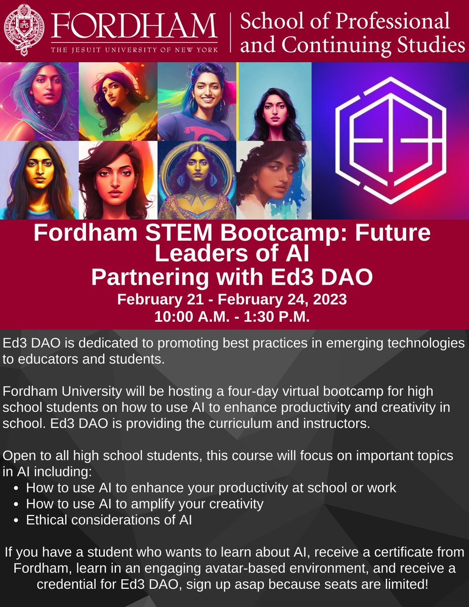 FordhamPCS's tweet image. We can’t keep this quiet anymore - the excitement is too much to contain! 
Fordham PCS is SO proud and elated to announce that we are partnering with the amazing @Ed3DAO based in NYC to launch our first-ever AI boot camp for high school students! 
fordham.edu/school-of-prof…