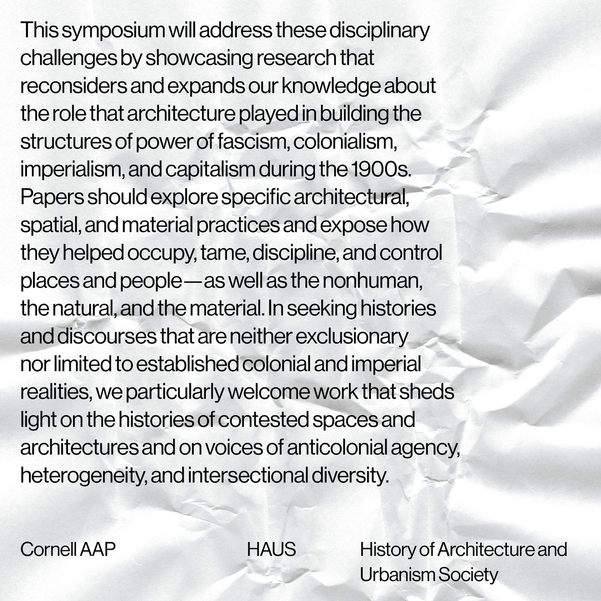 APPLY to our Spring 2023 Ph.D. Symposium "Architectures of Control and Resistance: New Histories of Architecture and Politics in the 20th Century."

Symposium Date: April 24th, 2023
Keynote: Huda Tayob, University of Manchester
Application form: aap.cornell.edu/news-events/ar…