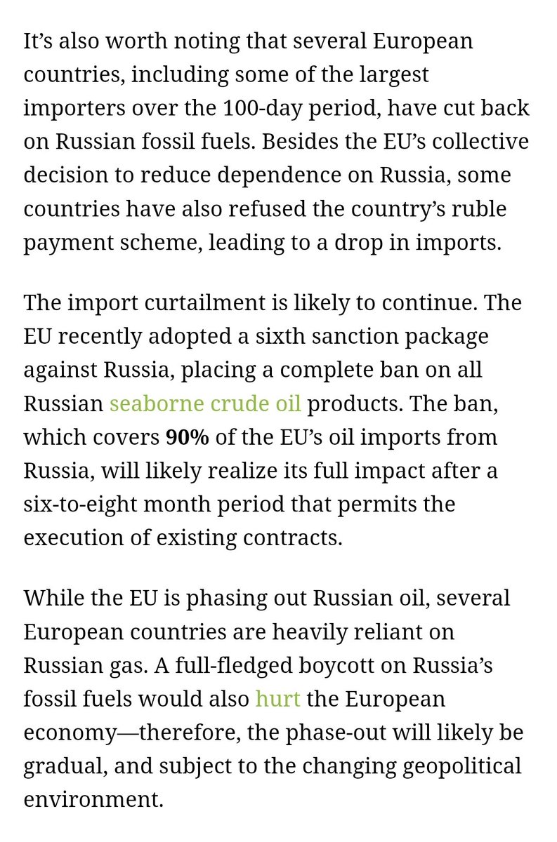 @PrettyEdoSon @VictorChi2022 @Trixtian_ @EmperorSheriff @HommiesDrey Sigh! 🤦🏾‍♂️

Get your facts right.

Since the war in Ukraine, the EU bloc still accounts for 61% of Russia’s oil export.

The number has dropped due to sanctions by the US, the UK, Sweden, and the EU.

Prior to the war, about 70% of Russia Oil and Gas were sold to EU countries.