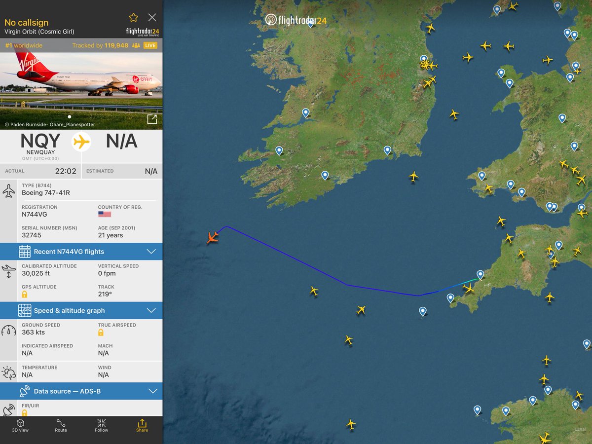 Squawk7700uk's tweet photo. Flight from Newquay 
https://t.co/jqx3T8O4Q5 cosmic girl on her way! First left turn complete and now at 30,000ft #startmeup #reachforthestars https://t.co/ZQpSYEFz4b