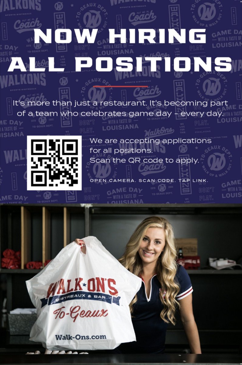 Walk-On's Sports Bistreaux in Opelika is #hiring for all positions! Use this link (walk-ons.com/careers) to submit applications.
#chooseopelika