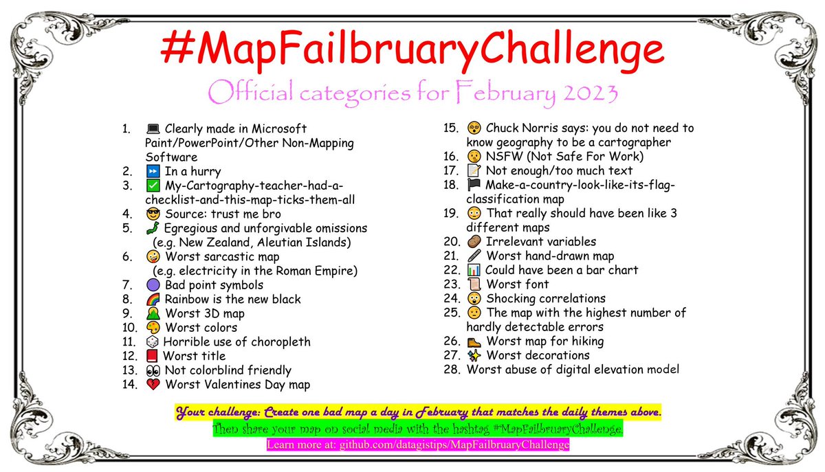 datagistips's tweet image. Tired of doing your best? Try doing your worst!
Good cartography skills NOT WELCOME ⛔❌

Get READY for the #MapFailbruaryChallenge 🏆🌟
Create the WORST maps in the world 🗺️🤢 (starting on February 1st)

with @pokateo_

28 categories ⏬
#mapfail #cartography #gischat  #gistribe