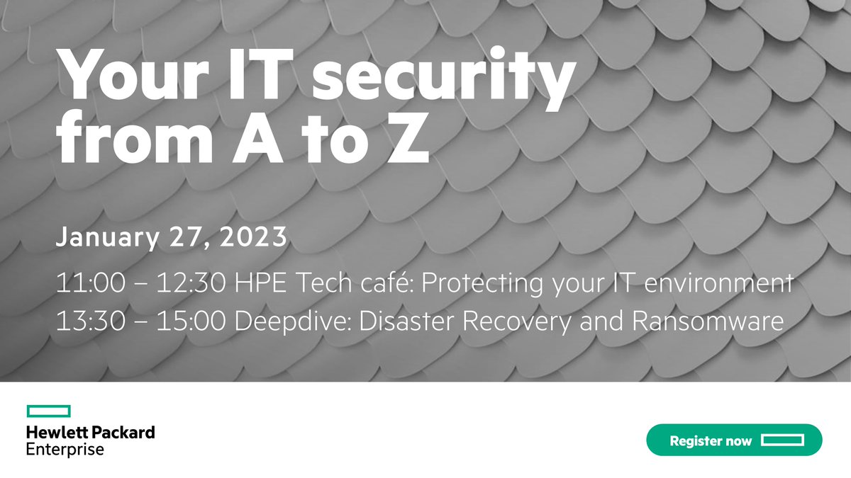 cneumeyer's tweet image. Join us on Jan 27 for two events specifically designed for #ITsecurity professionals !

⏰ 11:00 - 12:30
HPE #TechCafé : Your IT Security from A to Z
🔗 hpe.to/60103rCZa

⏰ 13:30 - 15:00
Deep-dive on #DisasterRecovery and #Ransomware.
🔗 hpe.to/60113rCZx