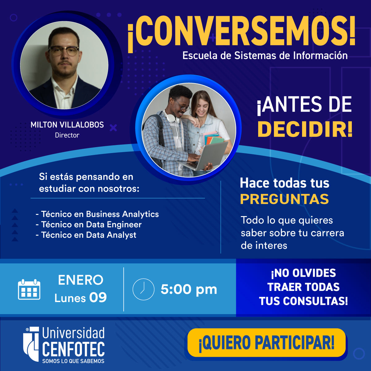 UCenfotec's tweet photo. #EnVivo, hablemos de nuestros técnicos en #BusinessAnalytics, #DataEnginner y #DataAnalyst con el director de escuela Miltón Villalobos.
#UniversidadCENFOTEC #Conversemos https://t.co/aVmcwFrCtu