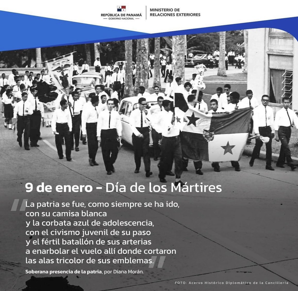 embpanamaper's tweet photo. El 9 de enero de 1964, luchando por nuestra soberanía, un grupo de jóvenes estudiantes ondearon el pabellón nacional en la zona del Canal. Hoy conmemoramos 59 años de la gesta patriótica que marcó un hito en la historia panameña. 🇵🇦 https://t.co/4KTuWXMNBq