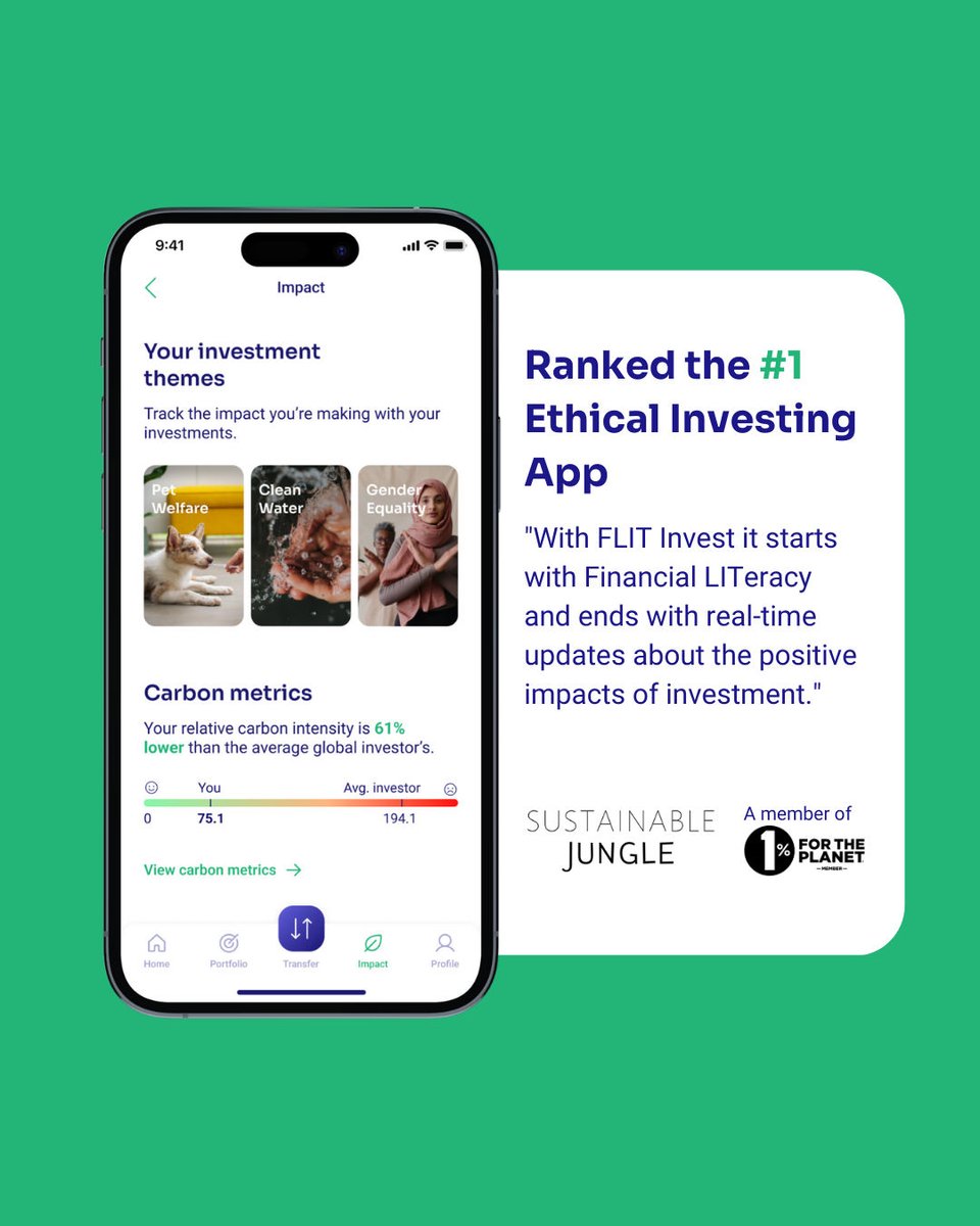 We're excited to announce that FLIT Invest was selected as the #1 Ethical Investing App by Sustainable Jungle!

#SustainableJungle #EthicalInvesting #SustainableInvesting #ImpactInvesting #Sustainable #ClimateChange #RoboAdvisor #Investing101