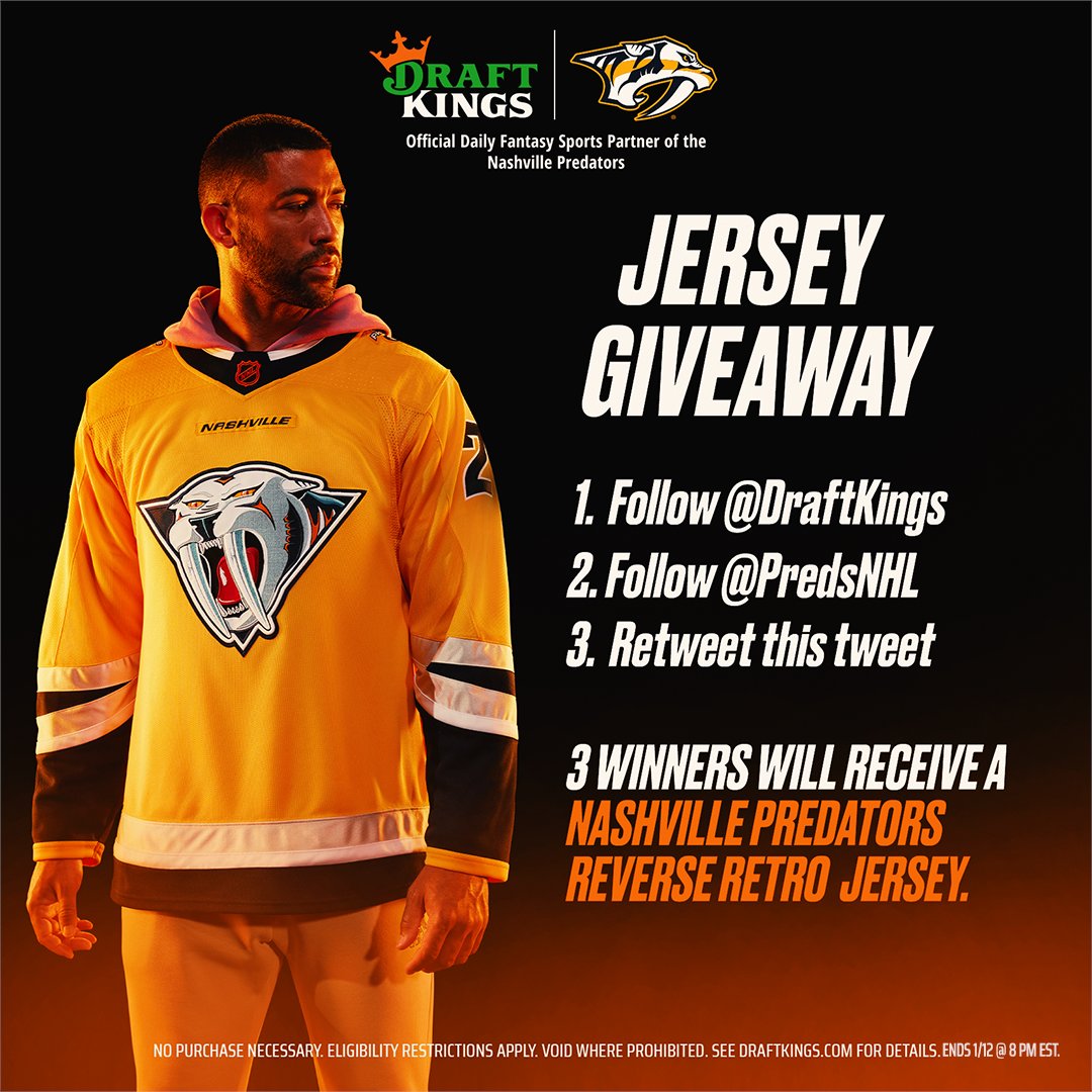 We're giving away THREE Nashville Predators Reverse Retro Jerseys. To enter, simply:

1. Follow <a href="/DraftKings/">DraftKings</a>.
2. Follow <a href="/PredsNHL/">Nashville Predators</a>.
3. Retweet this tweet.

T&amp;Cs apply (Ends 1/12): dkng.me/3GTs4k8