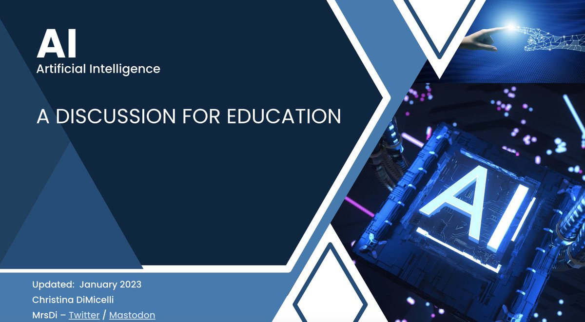 An amazing presentation regarding AI (including ChatGPT) in Education by Christina Dimicilli <a href="/MrsDi/">Christina DiMicelli</a>  w/ comments from Rachael Woods &amp; others.WELL worth your while! I promise, even if you don't work in education.Complex &amp; nuanced.docs.google.com/presentation/d…  #ai #education