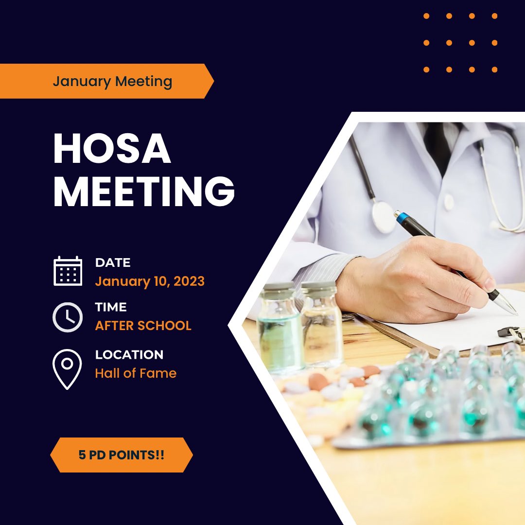 BsshsHosa's tweet photo. HOSA meeting tmrw after school in the Hall of Fame!! Wear your scrubs or HOSA T-shirt for an additional 5 points!! https://t.co/RuCr4v6RSq