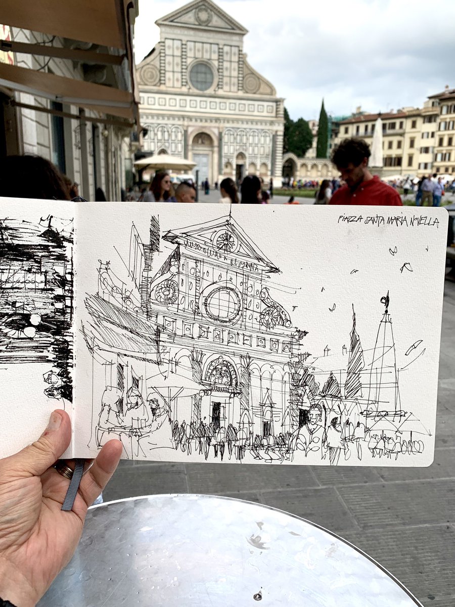 After wrapping our last Sketch Tuscany workshop in October, Patti and I spent several days exploring and sketching in Florence. This is the lively Piazza Santa Maria Novella, as sketched from a table at a gelato stand. Perfect way to spend an hour? Sì, molto!