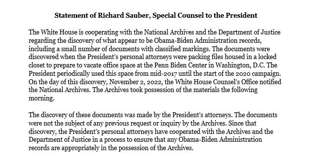 Statement from White House Counsel's Office on cooperation with the National Archives: