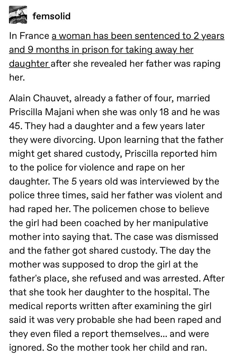 glumirror's tweet photo. In France, a woman has been sentenced to 2 years and 9 months in prison for taking away her daughter after she revealed her father was raping her. https://t.co/6GYUAqLsjY