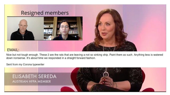 HollywoodInt's tweet photo. Here is the Austrian member who called the resigned #HFPA reformists rats and cancer. Now, with all the DEI training she received, she is a new and reformed person.  
#GoldenGlobes2023 #NBC #GoldenGlobes #Hollywood #awardseason @Variety @THR #accountability #CodeOfConduct https://t.co/onO3rWGe0k