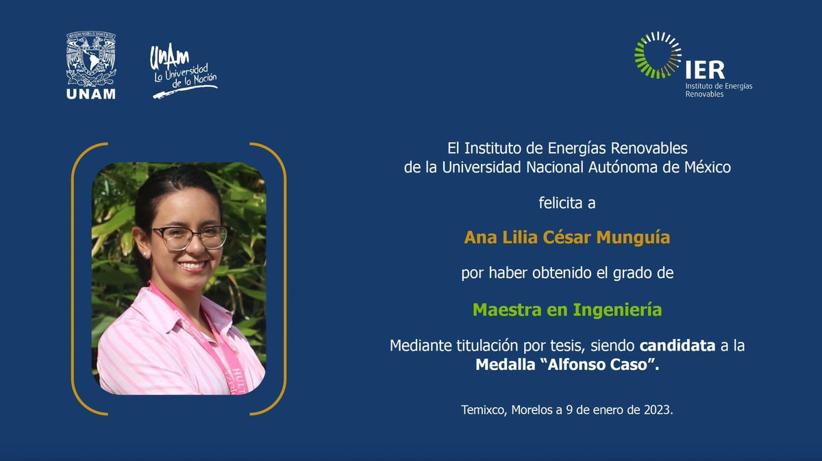 ierunam's tweet photo. ¡#UnGoyaPara @AnaliCesar 👏🏻!

Hoy recibió el grado de Maestra en Ingeniería y es candidata a la Medalla “Alfonso Caso”🏅.

☀️ Su tesis se titula: Diseño y evaluación de un #SecadorSolar mixto.
👨🏻‍🏫 Tutor: Dr. Octavio García Valladares.

¡Felicidades 🎊! #OrgulloUNAM #OrgulloIER https://t.co/6SteVrnBf1