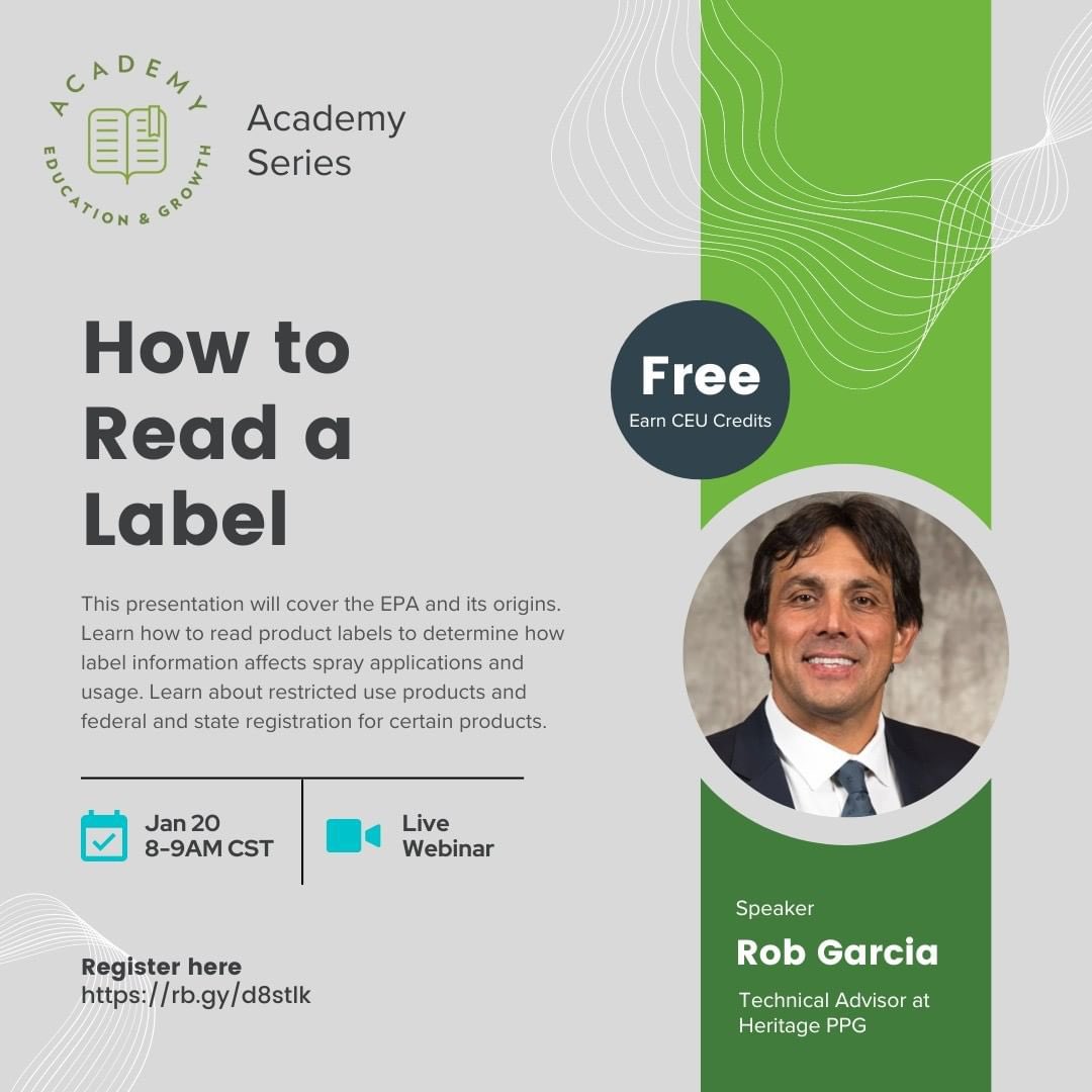 heritageppg's tweet photo. Join Rob Garcia and the Heritage PPG Virtual Academy on January 20th. He will be covering how to read a label and other topics such as Restricted Use Products based on state and federal registration. 

Register here:  https://t.co/RAvpG4CILy https://t.co/1VFpLDUXvK