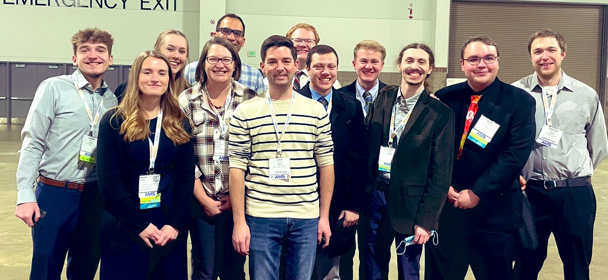 NickBogen's tweet photo. Glad we snapped this photo last night of the @CMUniversity @cmichSE @cmuweather profs, alum, &amp; students at the end of the @AMSStudentConf #AMSStudent2023 / start of @ametsoc #AMS2023. Great research by some undergrads who presented - future looks bright! #FireUpForWX #FireUpChips https://t.co/AZM7VTXZ5S