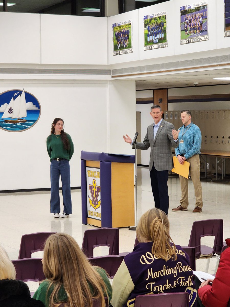 <a href="/RepJoeMiller/">Rep. Joe Miller</a> recognizes Maddie Stout and Gracie Starcovic for their state-level volleyball honors after <a href="/vermilionvball/">Vermilion Volleyball</a>'s great season. Congratulations! 👏👏👏