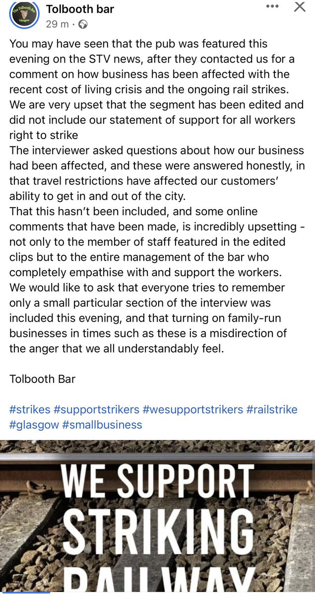 Jojo in the Tolbooth was misrepresented on STV news, they cleverly edited the interview to make it look like the Tolbooth didn’t support the workers. I drink in the pub and it’s run by a good family. Don’t trust a unionist tv station #SupportTheStrikes