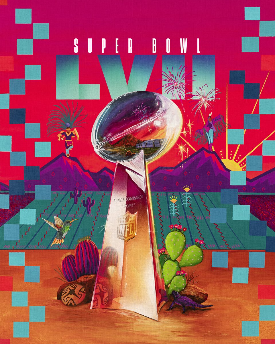 NFL's tweet photo. Hinojos created the painting that will be displayed on the official Super Bowl LVII ticket, which features symbols that represent key parts of Indigenous culture and the history in Arizona. #SBLVII https://t.co/FPPhdL5yF6