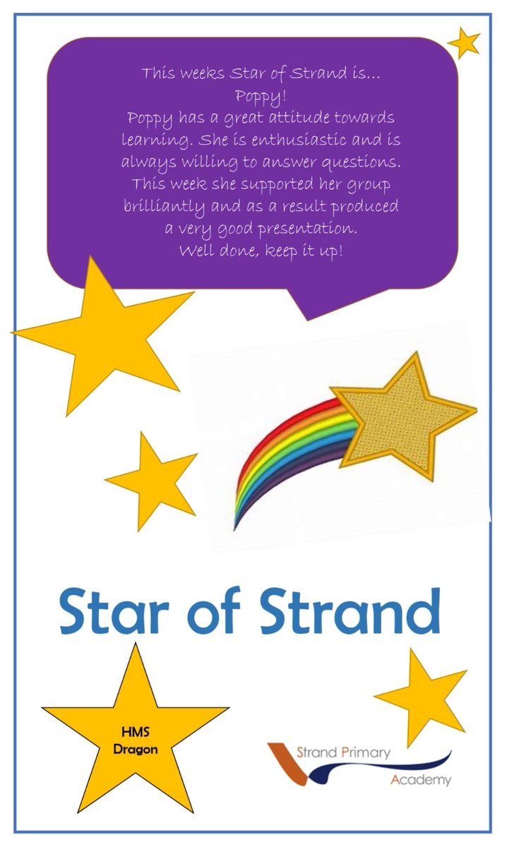 DeltaStrand's tweet photo. In HMS Dragon this week, our Star of Strand is Poppy🌟
Poppy has worked incredibly hard in class to support others. She worked collaboratively and helped to produce a fabulous presentation. Well done Poppy, it's great to see your confident side! @DeltaStrand #StrandStars https://t.co/ZeepfnMQjA