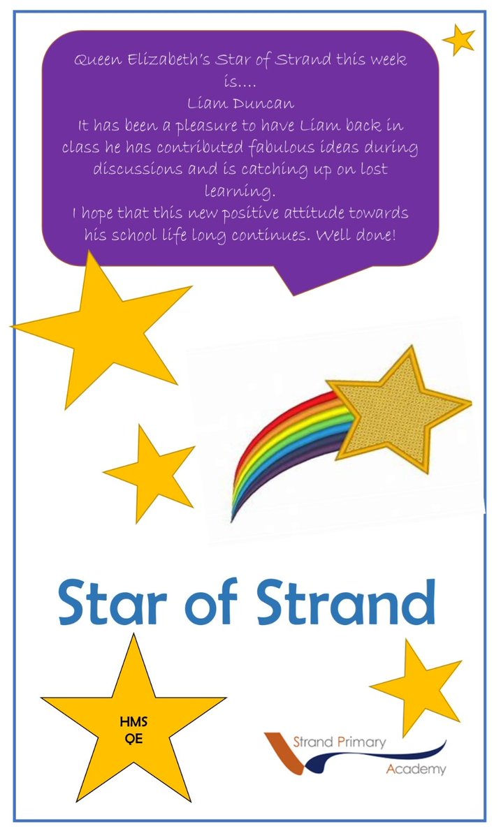DeltaStrand's tweet photo. In HMS Queen Elizabeth this week, our Star of Strand is Liam🌟
Liam has contributed some fabulous ideas in the class reading strategy sessions. He has been engaged in class discussions, which is great news! Well done, Liam, keep it up!
@DeltaStrand #StrandStars https://t.co/bQYleqAwZE