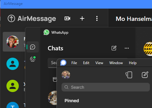 I LOVE that there's a WhatsApp and Signal Desktop app and I use them ALL DAY. I HATE that I have to run airmessage.org as a PWA to simulate having an iMessage app. It's time for Apple to open iMessage up.