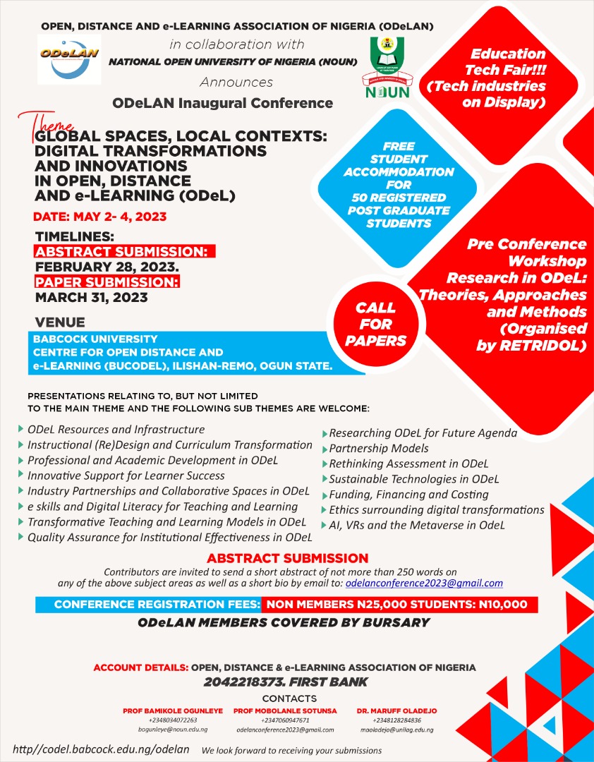 RetridolNOUN's tweet photo. Call for Papers: The Inaugural Conference of the Open, Distance and eLearning Association of Nigeria (ODELAN) | May 2 - 4, 2023 https://t.co/d5wgKDwCtD