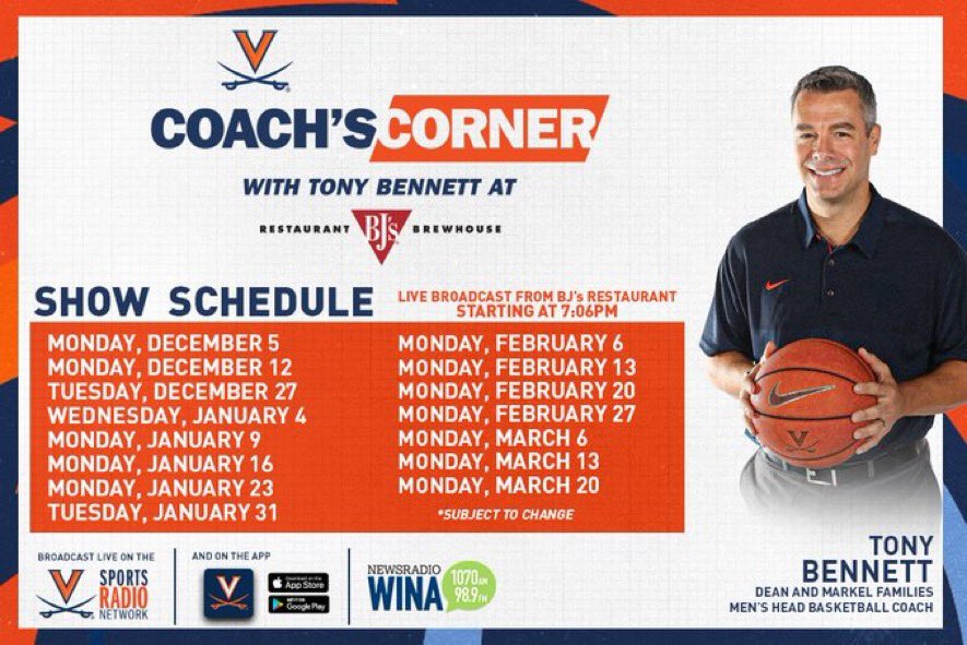 UVAVSP's tweet photo. Coach's Corner with Tony Bennett at @bjsrestaurants is back. Tweet questions to @johnfreemanUVA.
๐ป https://t.co/mw86kFQrA7โฆ
๐ฑ Virginia Sports App
๐ป Virginia Sports Radio Network
๐ถโ๏ธ๐ท#Gohoss https://t.co/me8VUQO9R2