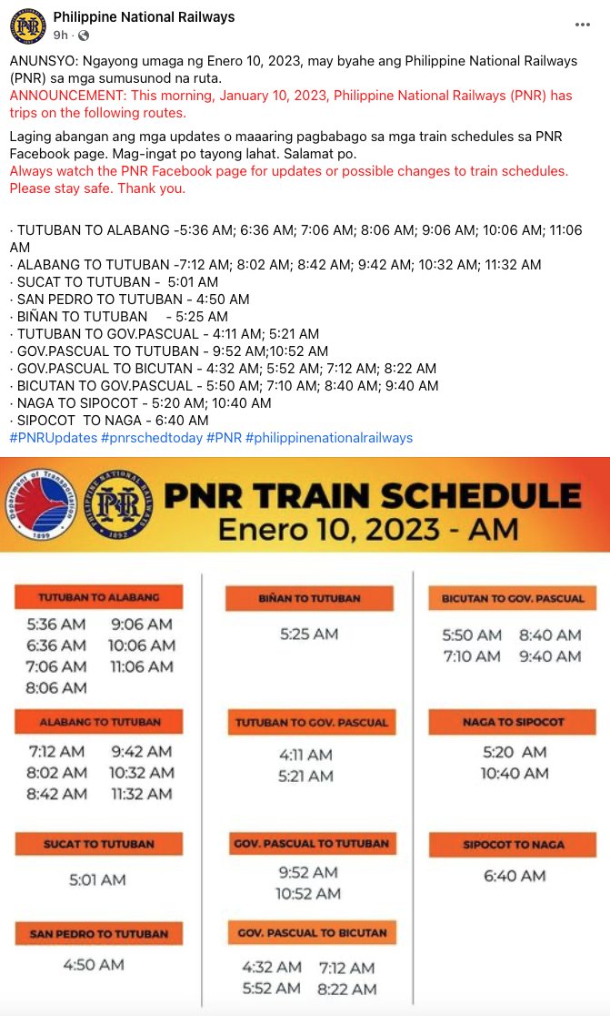 Philippine National Railways is publishing schedules on Facebook twice a day, removing the official timetable from their website. Presumably they can no longer maintain a consistent daily schedule :/