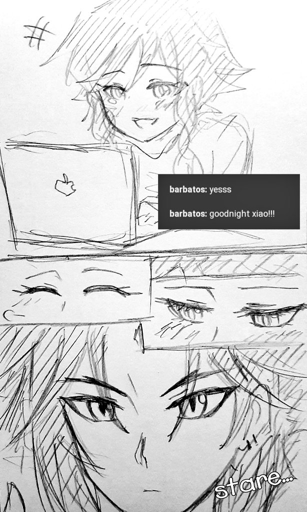Sketching my fav part from a chatfic I read "if i perish, will you miss me?" By @windgliders
https://t.co/ogfUNqpQQV 
I know I drew it kinda ooc but when venti said 'you're so hot' to xiao, dammit I was imagining him with his love-shaped pupils 👀❤
.
#xiaoven #xiao #venti 