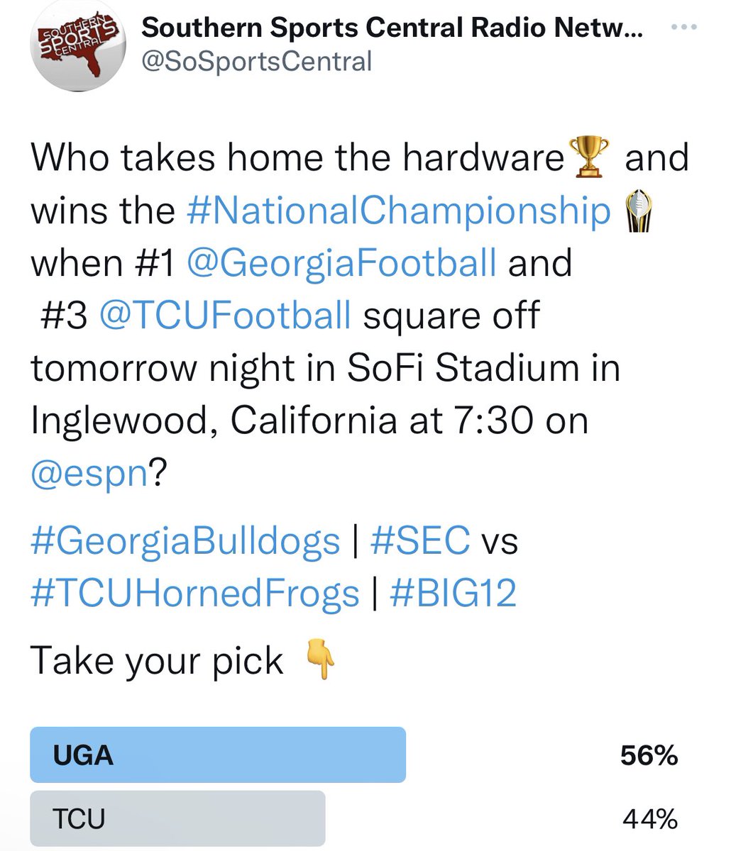 SoSportsCentral's tweet image. #NationalChampionship 
#TCUvsUGA 
#FanPoll