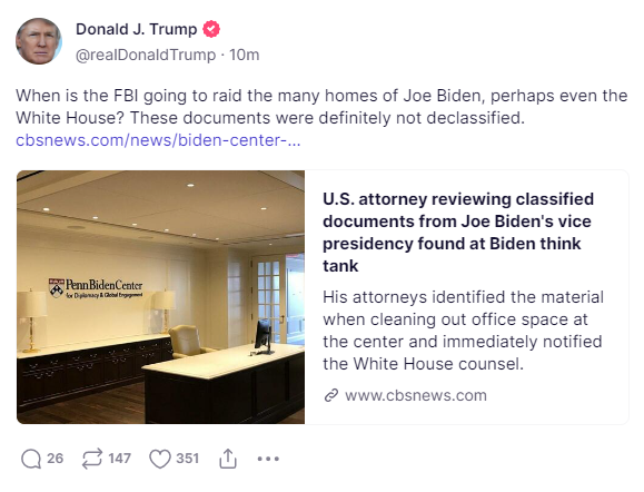 svdate's tweet photo. Did Biden stonewall the National Archives for six months? Defy a subpoena demanding they be turned over?

Trump is already trying to equate the two.

(Also, how do we know Obama didn't de-classify these docs in his mind?) https://t.co/0jNxKzdbvS
