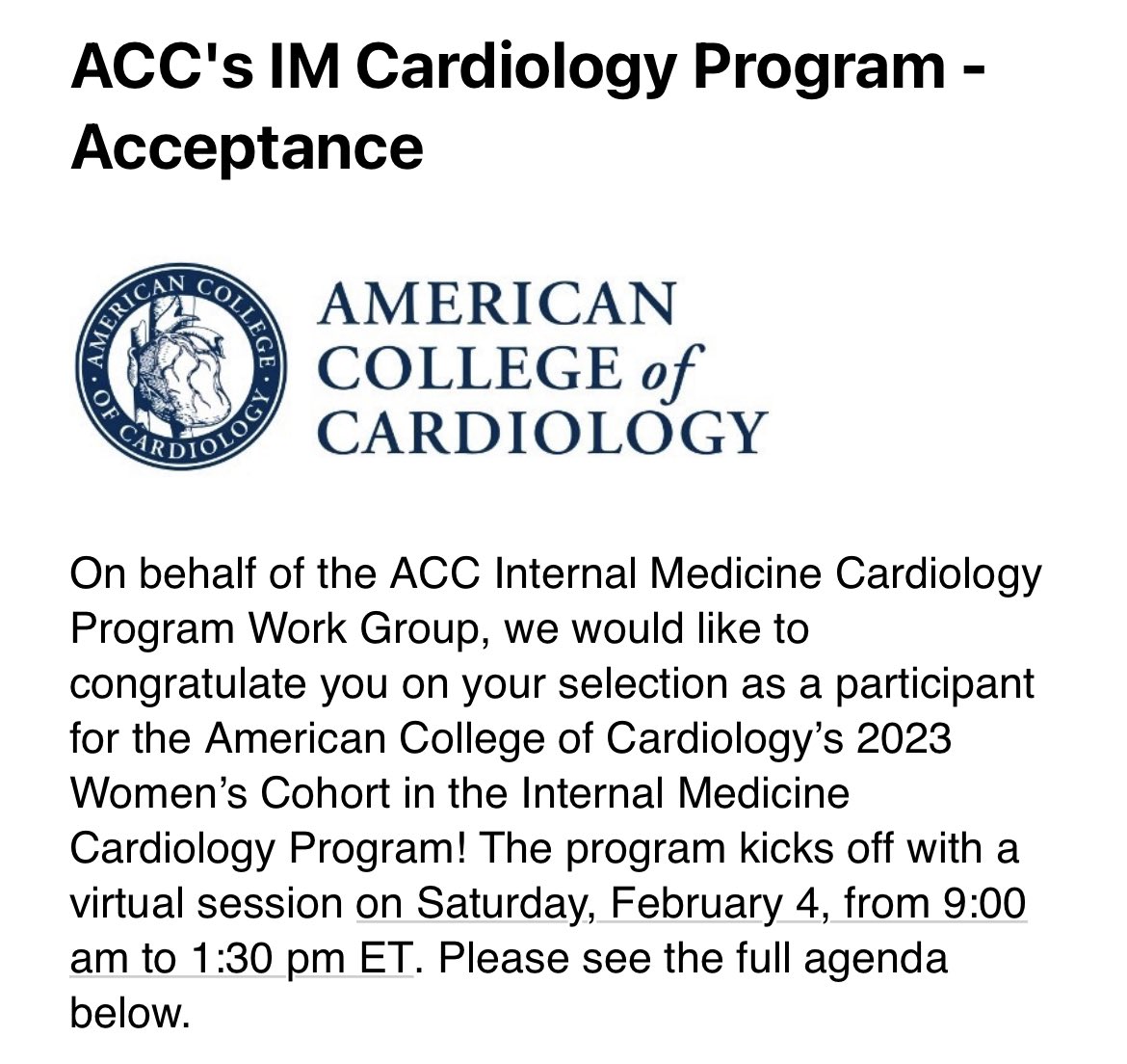Ridhima Goel (@ridhimagoel547) on Twitter photo Beyond excited and honored to receive this email from <a href="/ACCinTouch/">American College of Cardiology</a> Internal Medicine Cardiology Program! Looking forward to a great year of learning and growing. So thankful to my mentor <a href="/Drroxmehran/">Dr Roxana Mehran</a> for all her support.
<a href="/WomenAs1/">Women As One</a> Beyond excited and honored to receive this email from <a href="/ACCinTouch/">American College of Cardiology</a> Internal Medicine Cardiology Program! Looking forward to a great year of learning and growing. So thankful to my mentor <a href="/Drroxmehran/">Dr Roxana Mehran</a> for all her support.
<a href="/WomenAs1/">Women As One</a>
