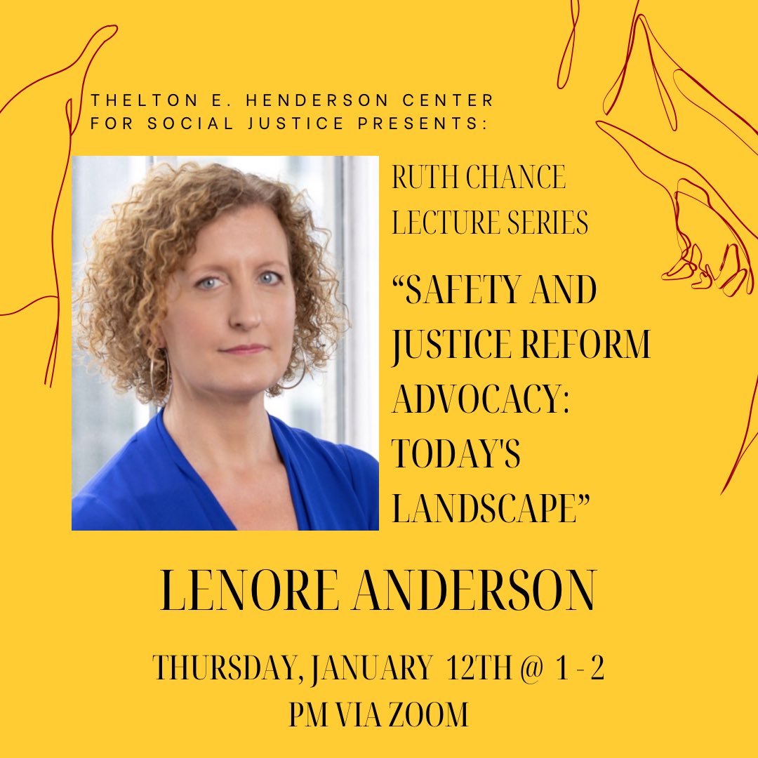 SAFETY AND JUSTICE REFORM ADVOCACY— Join us this Thursday for our first event of the semester, a Ruth Chance lecture with Lenore Anderson of @SafeandJustUSA. Register via zoom at the link in our bio!