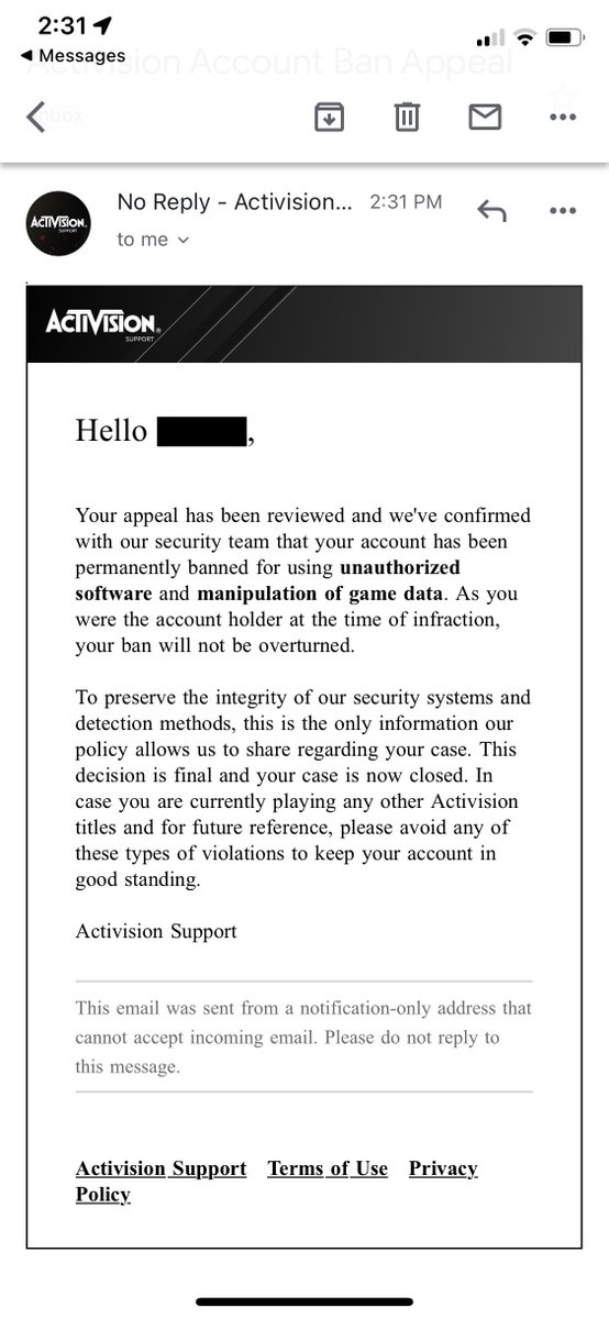 redshifter's tweet photo. Wow, @Activision @ATVIAssist your @CallofDuty anti-cheat is overzealous and/or just broken. I'm all for banning actual cheaters but this time you've banned a legit player with lots of time and money invested in the game. What recourse does a player have in a situation like this? https://t.co/5lnzYJPp4Z