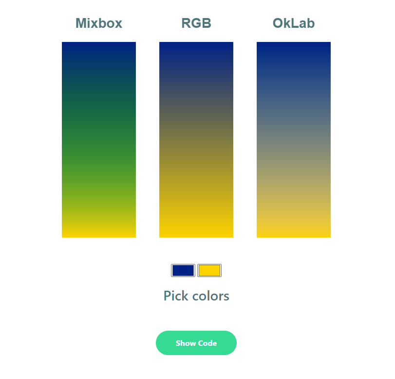 Let's experiment with color mixing!

Here's an interactive site, where you can pick two colors and get three gradients each using a different blending method.

Mixbox: Pigment-based blending
RGB: Light-based blending
OkLab: Perceptual-based blending

scrtwpns.com/mixbox/example…