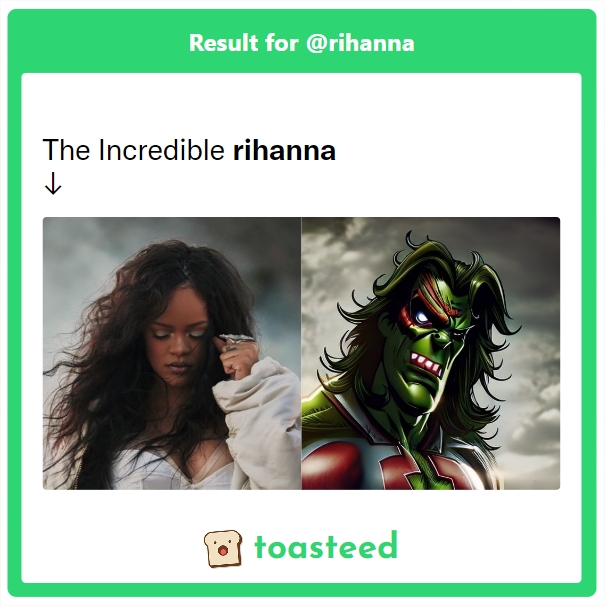 toasteed_'s tweet photo. What do you look like when you turn into the HULK?
The Incredible @rihanna🟢

Let our Artificial Intelligence transform your Twitter photo! 🤖
👉https://t.co/SJLRh8hDB7

#toasteedAI https://t.co/DNrfD9AwCp