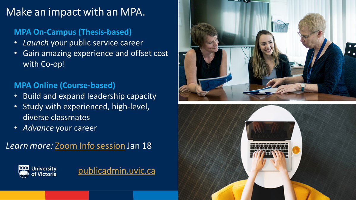 Join us on zoom Wednesday, January 18 at 12pm to learn how our MPA programs will help you make an impact in public or non-profit sectors. Application deadline is January 31 for domestic students #mpa #publicadministration uvic.ca/hsd/publicadmi…