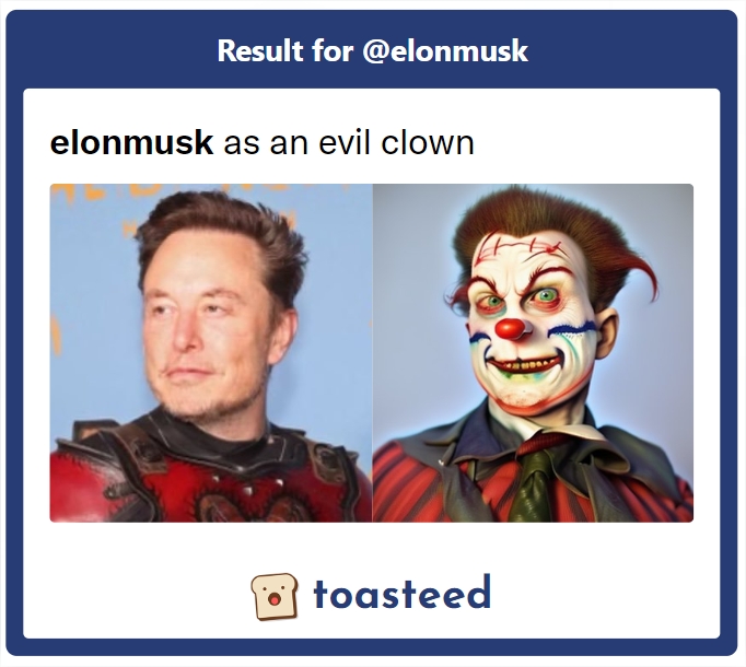 toasteed_'s tweet photo. Let our Artificial Intelligence transform your Twitter photo into an evil CLOWN 🤡

Play Here: https://t.co/hK2YYRCCJB

#toasteedAI https://t.co/CE8hFiixKZ