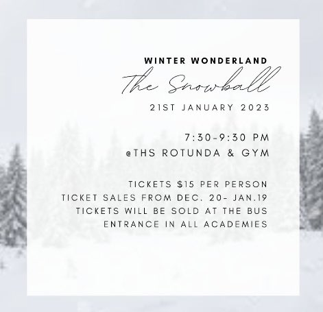 Winter Snowball Dance! Tickets on sale this week in the Rotunda. Guest forms available too <a href="/thstale/">The Devils' Tale</a> <a href="/THS_Staszak/">Arene Staszak</a> @announce_ths <a href="/THS_StudSenate/">THS Student Senate</a> <a href="/classof202319/">tallmadge class of 2023</a>